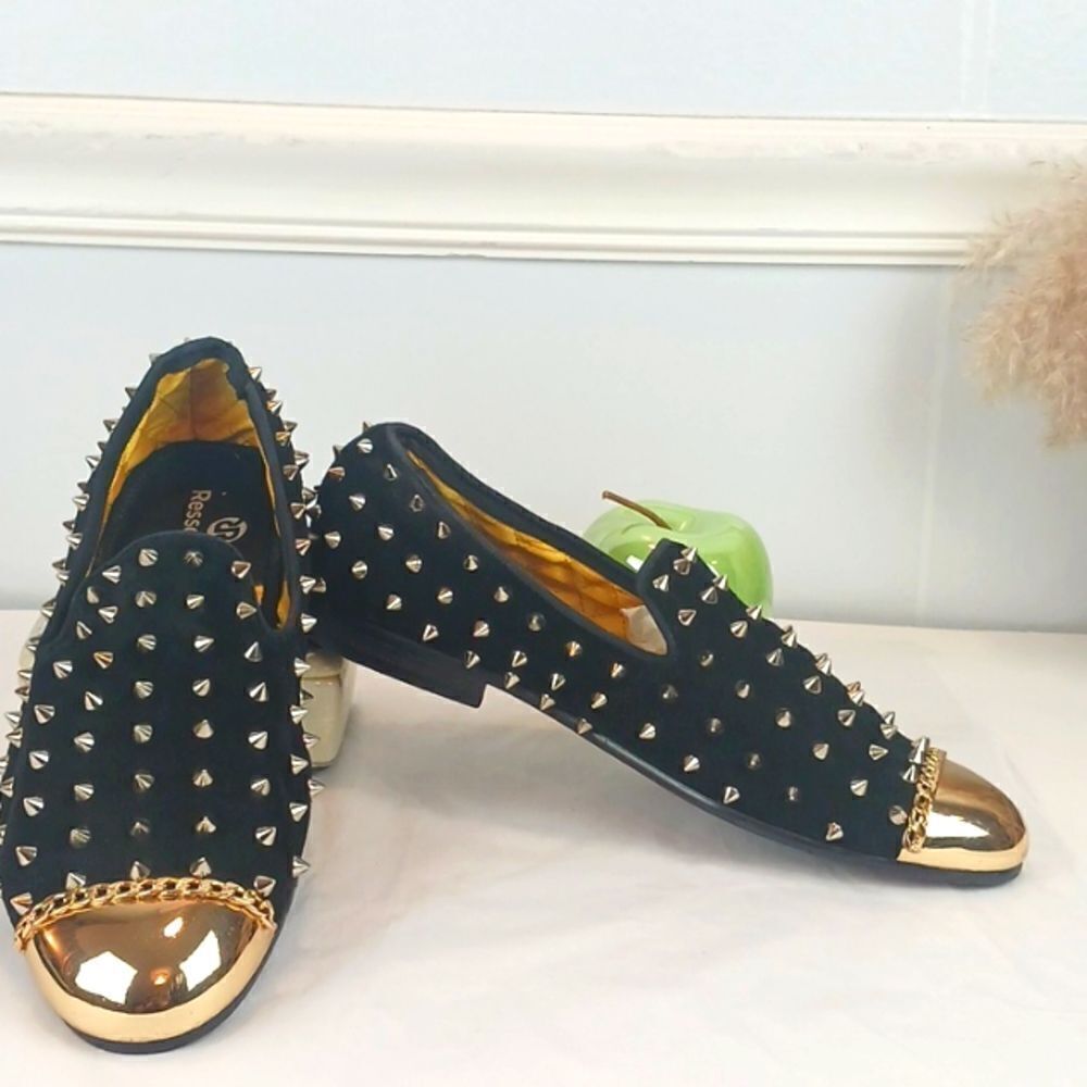 RESSO ROTH men's black suede gold studs and metal toe / chain loafers size 8